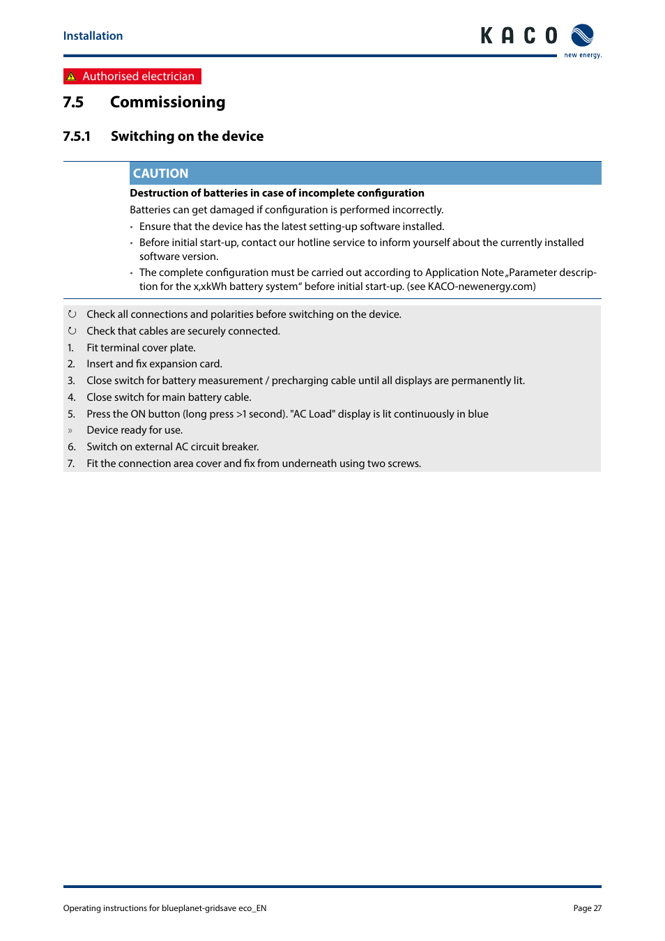 5 commissioning | KACO blueplanet gridsave eco 5.0 TR1 User Manual | Page 27 / 46