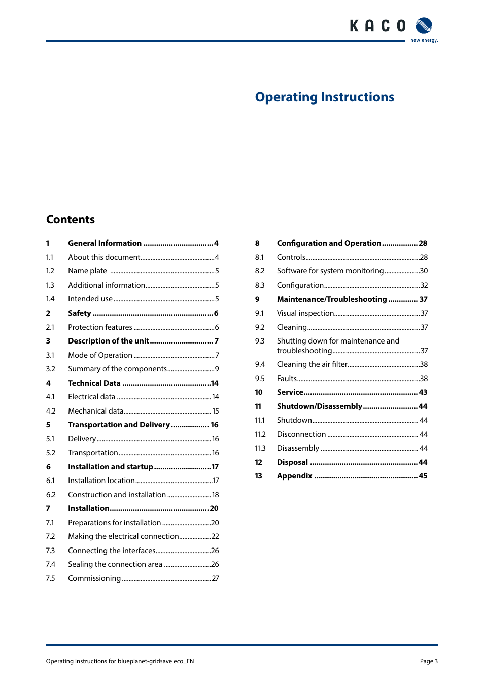 KACO blueplanet gridsave eco 5.0 TR1 User Manual | Page 3 / 46