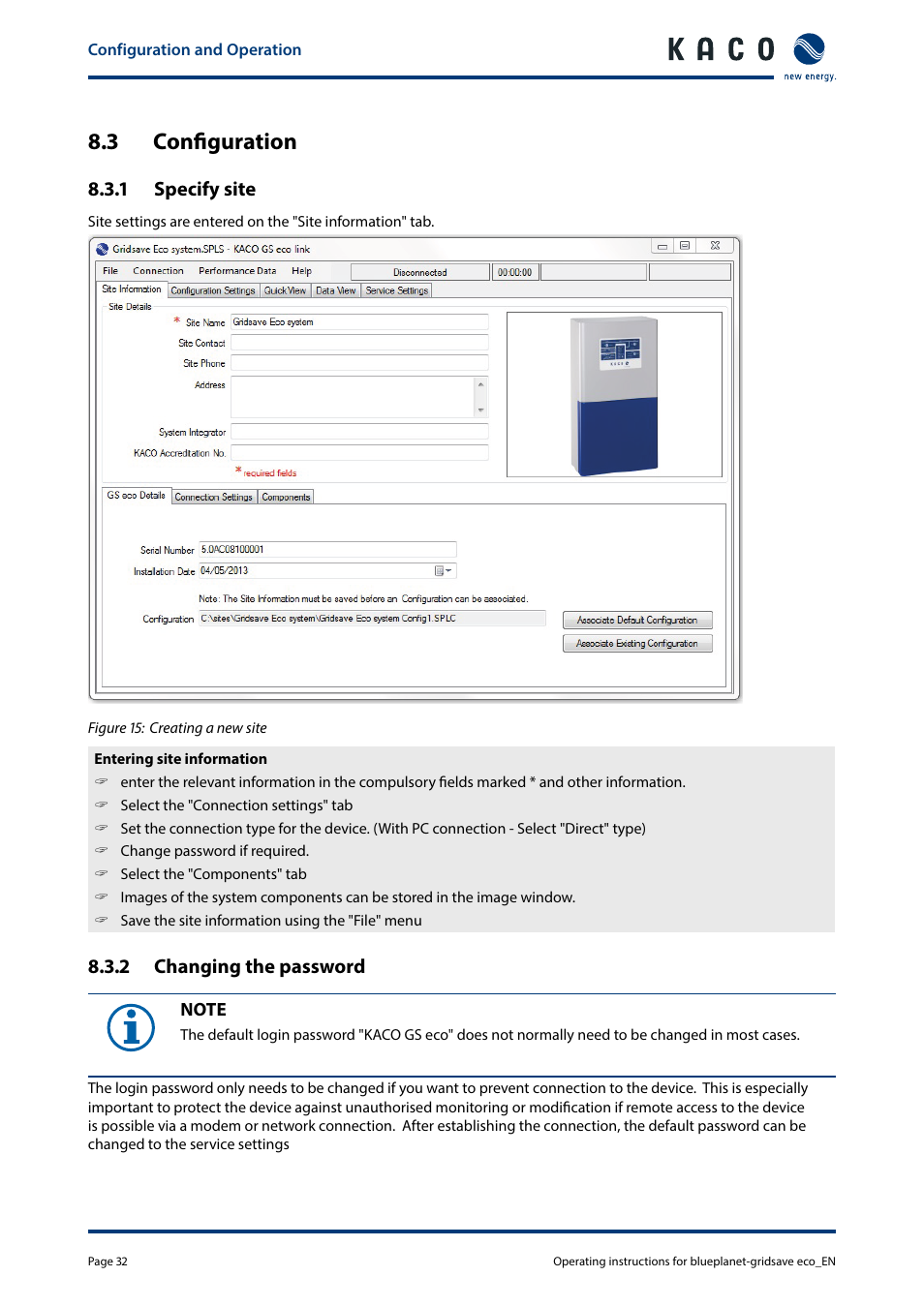 3 configuration, 1 specify site, 2 changing the password | KACO blueplanet gridsave eco 5.0 TR1 User Manual | Page 32 / 46