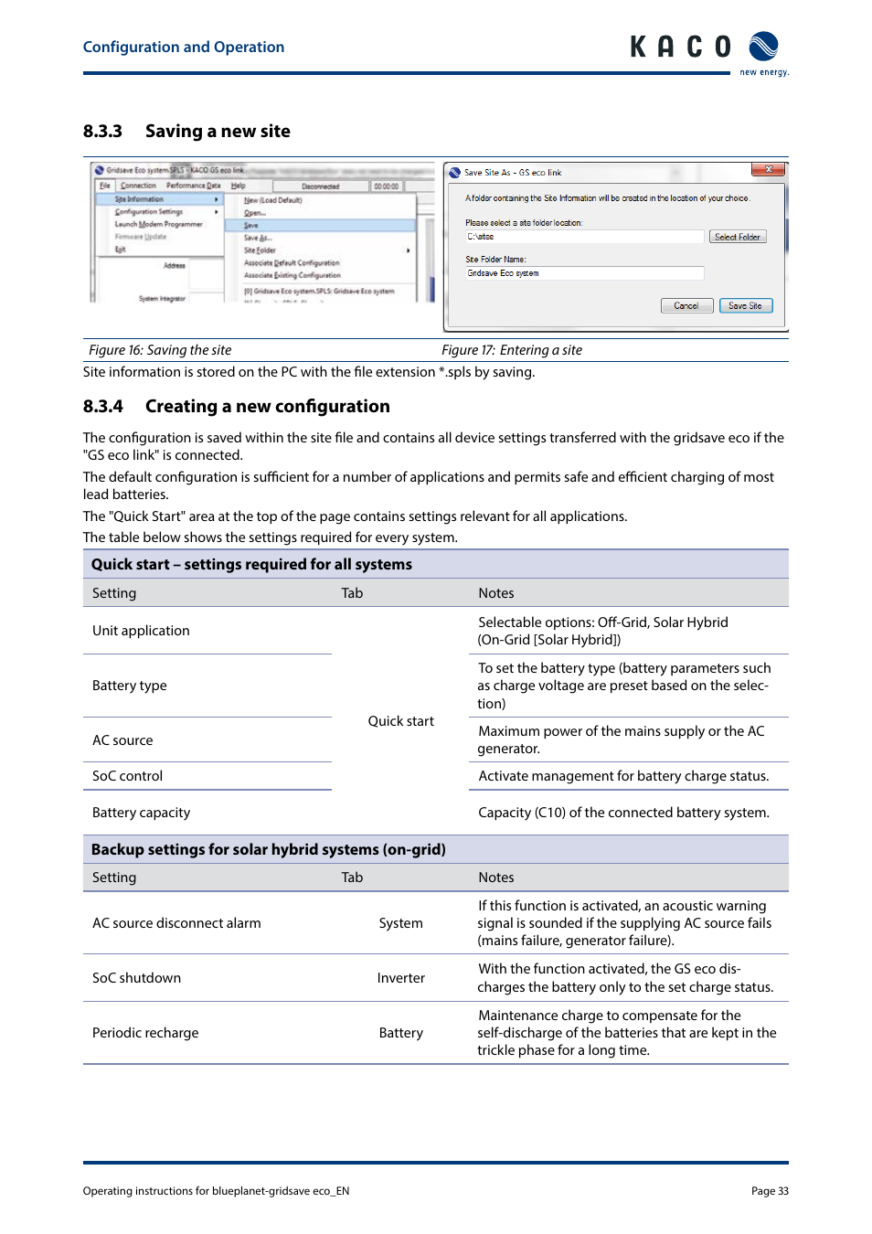 3 saving a new site, 4 creating a new configuration | KACO blueplanet gridsave eco 5.0 TR1 User Manual | Page 33 / 46