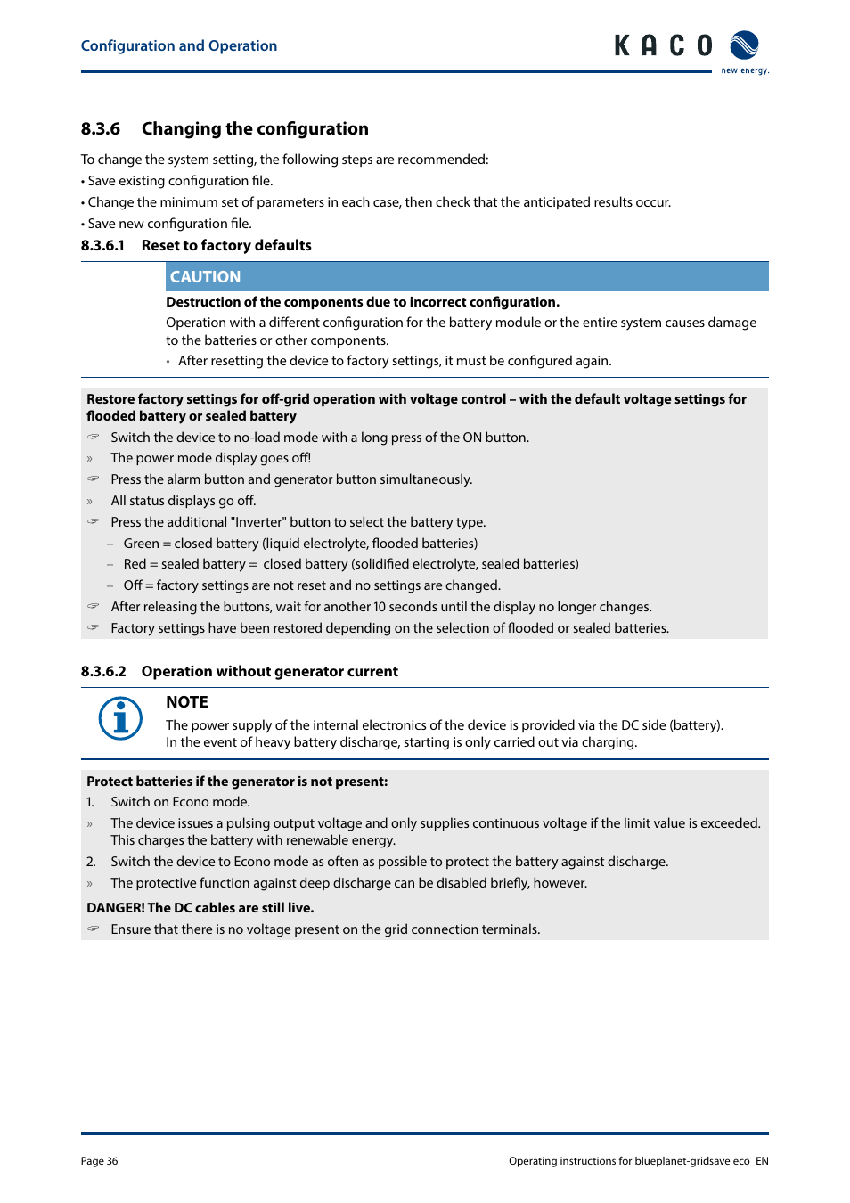 6 changing the configuration | KACO blueplanet gridsave eco 5.0 TR1 User Manual | Page 36 / 46