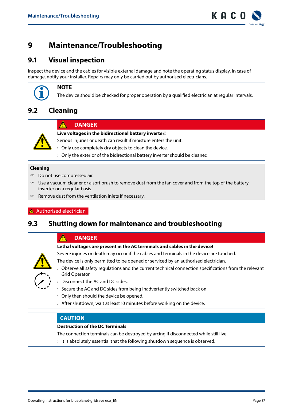 9maintenance/troubleshooting, 1 visual inspection, 2 cleaning | KACO blueplanet gridsave eco 5.0 TR1 User Manual | Page 37 / 46