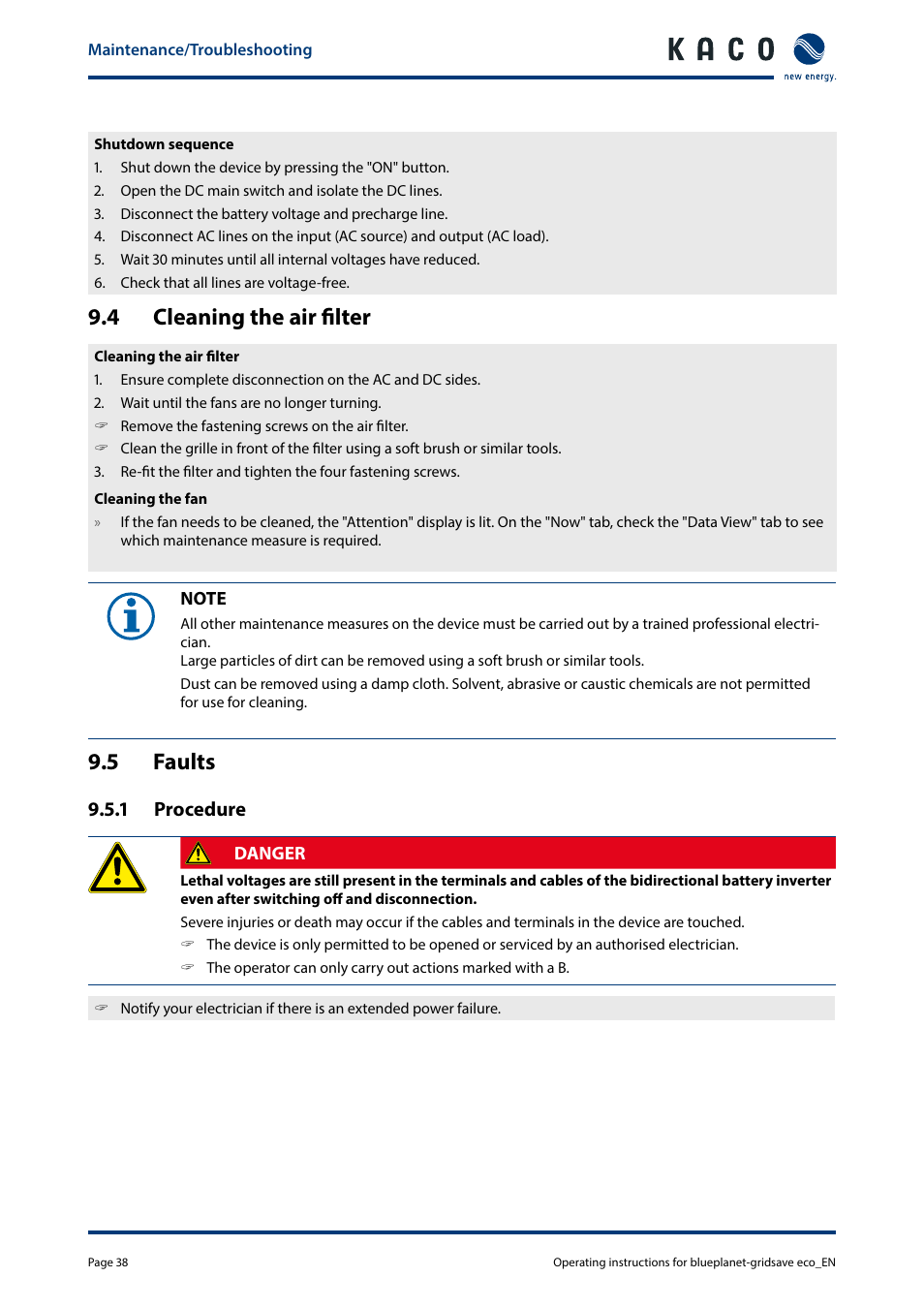 4 cleaning the air filter, 5 faults | KACO blueplanet gridsave eco 5.0 TR1 User Manual | Page 38 / 46