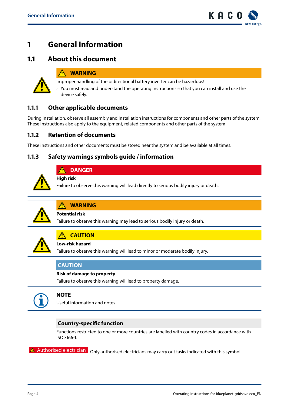 1general information, 1 about this document | KACO blueplanet gridsave eco 5.0 TR1 User Manual | Page 4 / 46