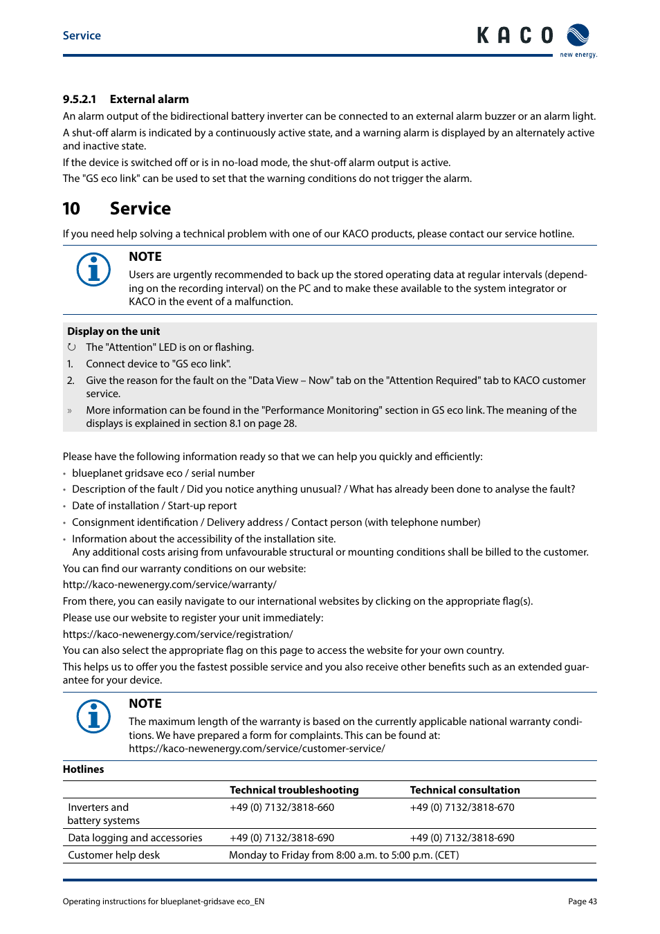 10 service | KACO blueplanet gridsave eco 5.0 TR1 User Manual | Page 43 / 46