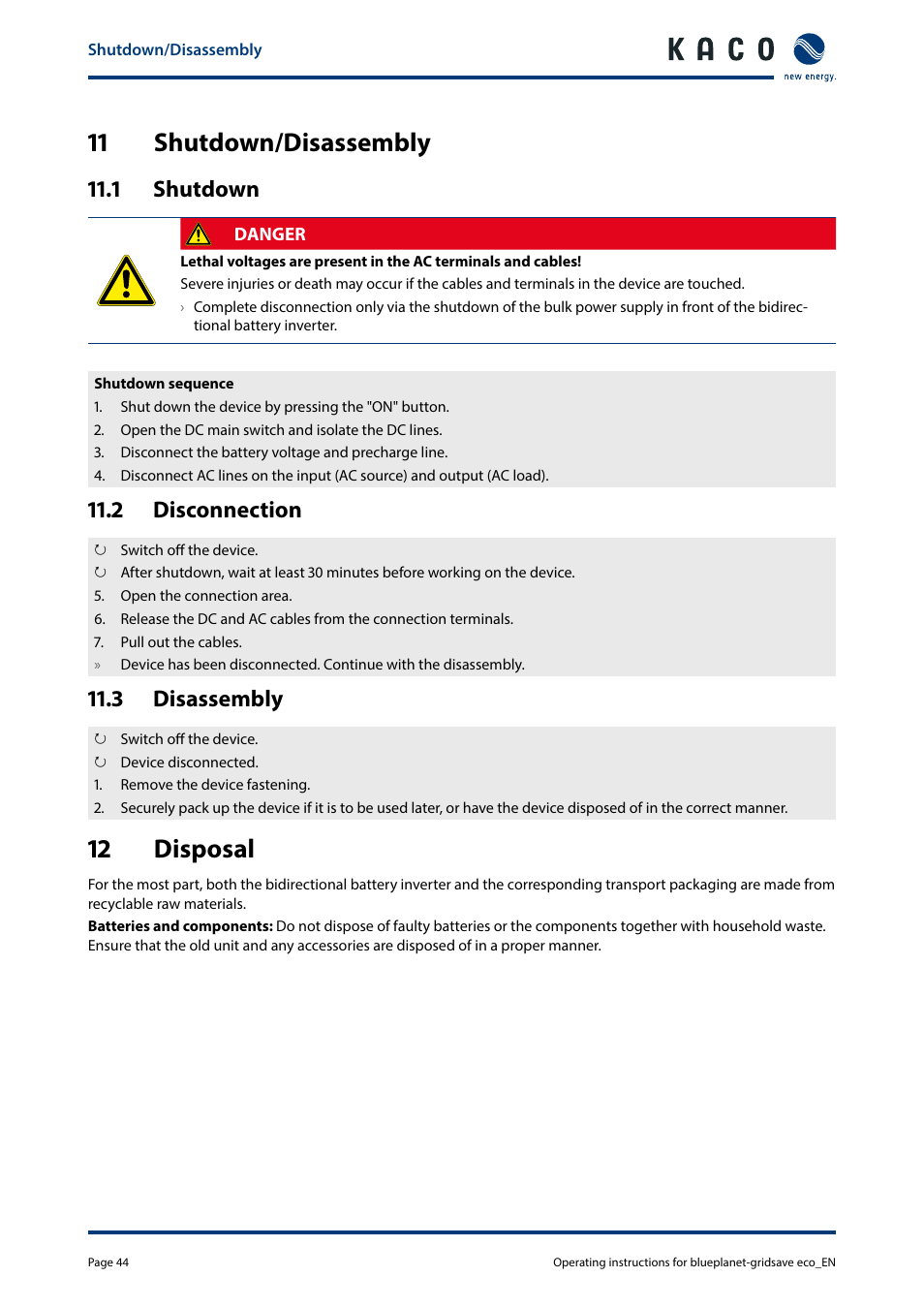 11 shutdown/disassembly, 12 disposal, 1 shutdown | 2 disconnection, 3 disassembly | KACO blueplanet gridsave eco 5.0 TR1 User Manual | Page 44 / 46