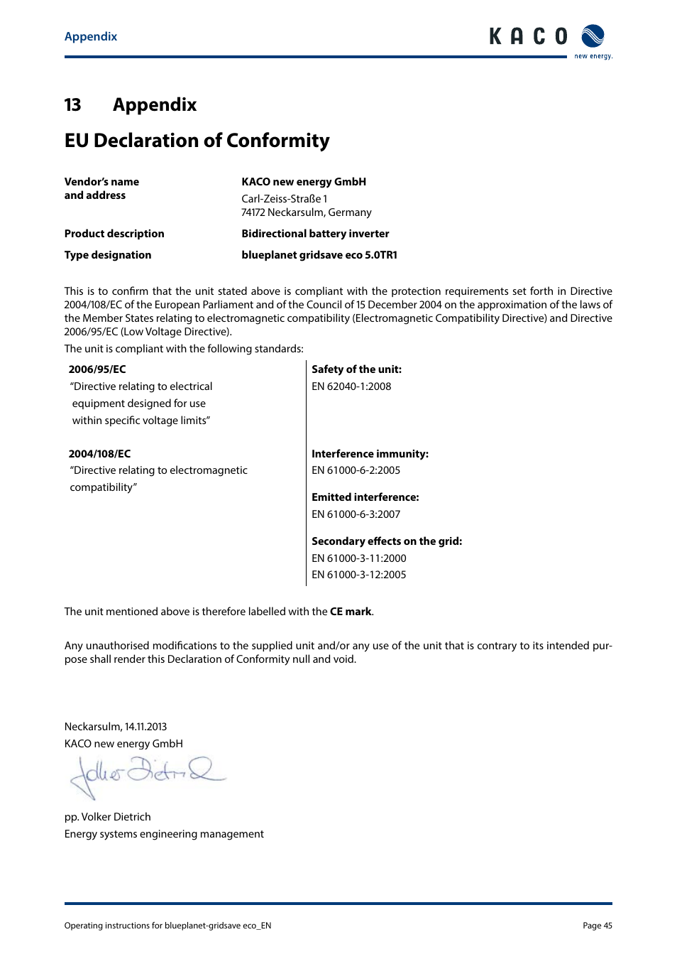 Eu declaration of conformity, 13 appendix | KACO blueplanet gridsave eco 5.0 TR1 User Manual | Page 45 / 46