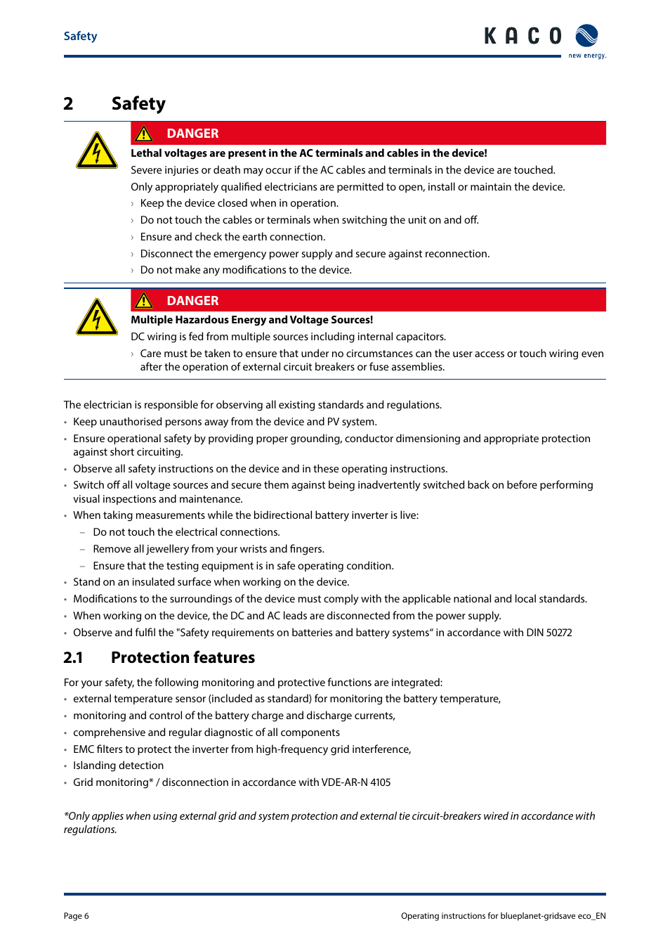 2safety, 1 protection features | KACO blueplanet gridsave eco 5.0 TR1 User Manual | Page 6 / 46