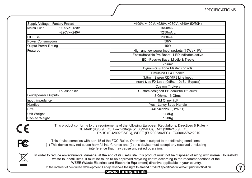 Specifications | Laney TI15-112 User Manual | Page 7 / 20