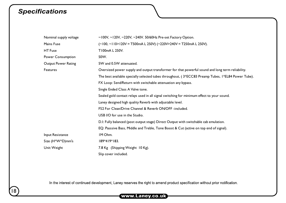 Specifications | Laney L5-STUDIO User Manual | Page 18 / 20