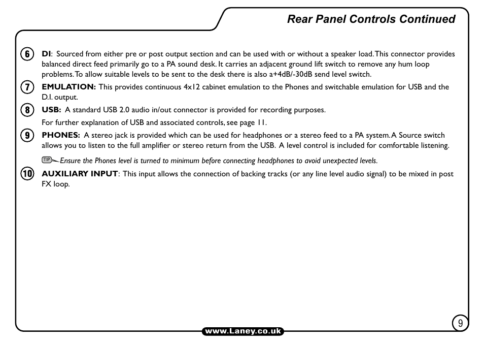 Rear panel controls continued | Laney L5-STUDIO User Manual | Page 9 / 20