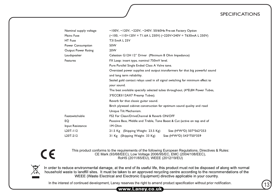 Specifications | Laney L20T-212 User Manual | Page 13 / 16