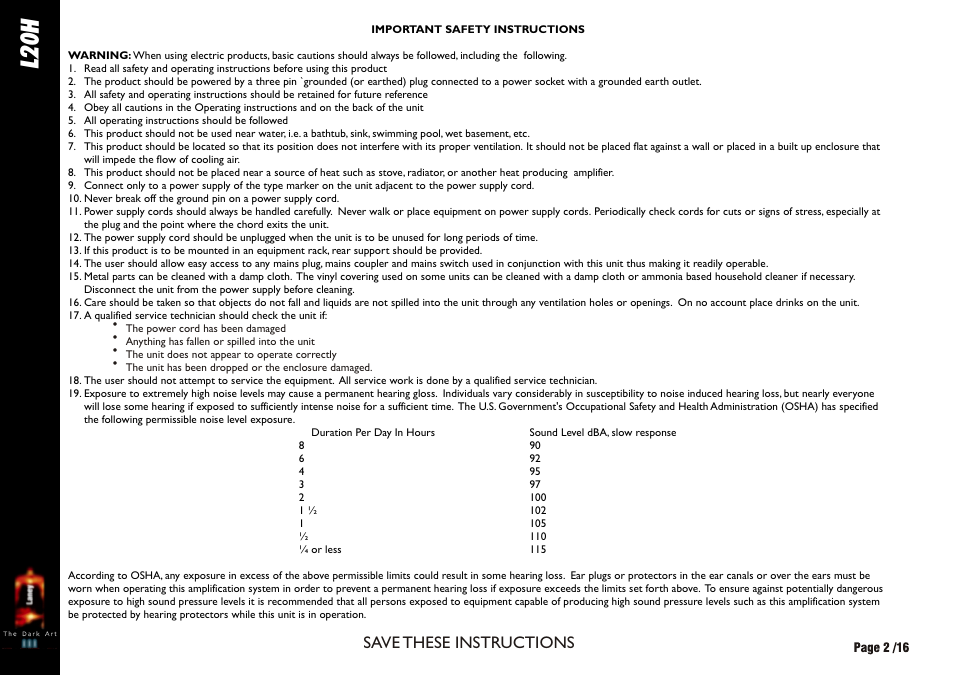 L20h, Save these instructions | Laney L20H User Manual | Page 2 / 16