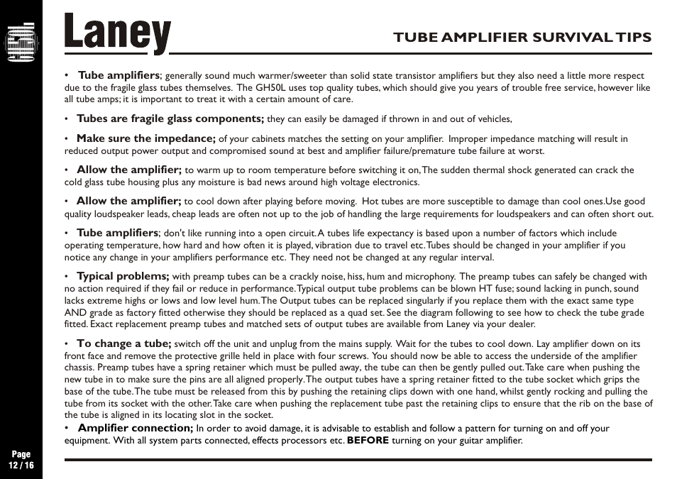 Tube amplifier survival tips | Laney GH50L User Manual | Page 12 / 16