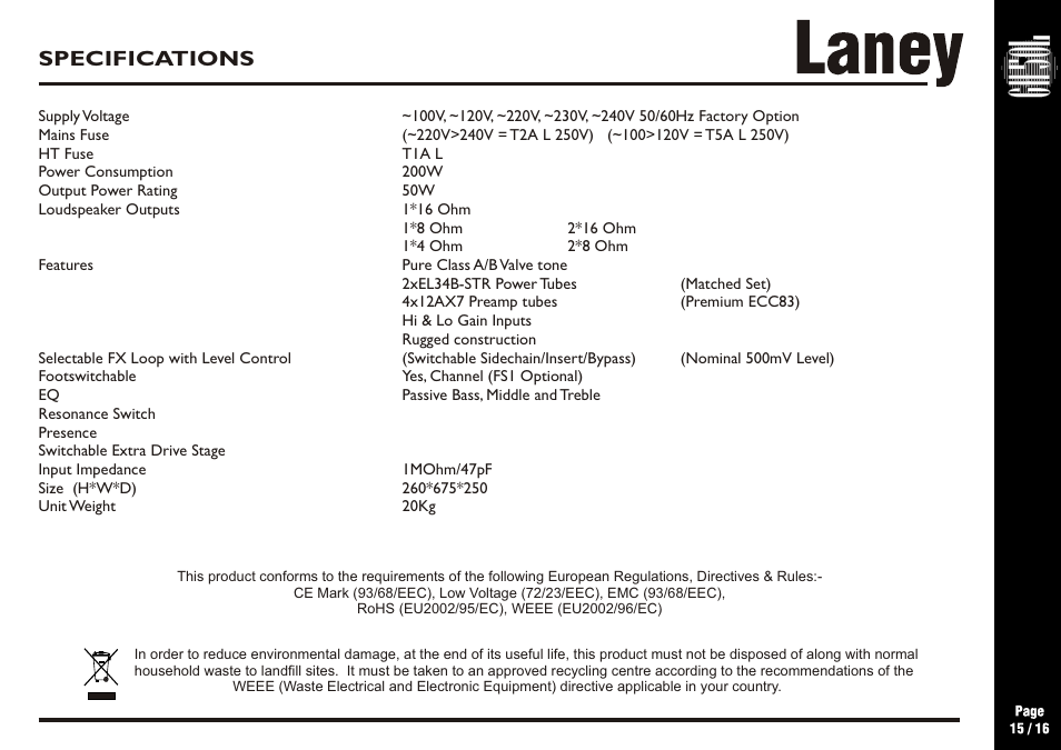 Specifications | Laney GH50L User Manual | Page 15 / 16