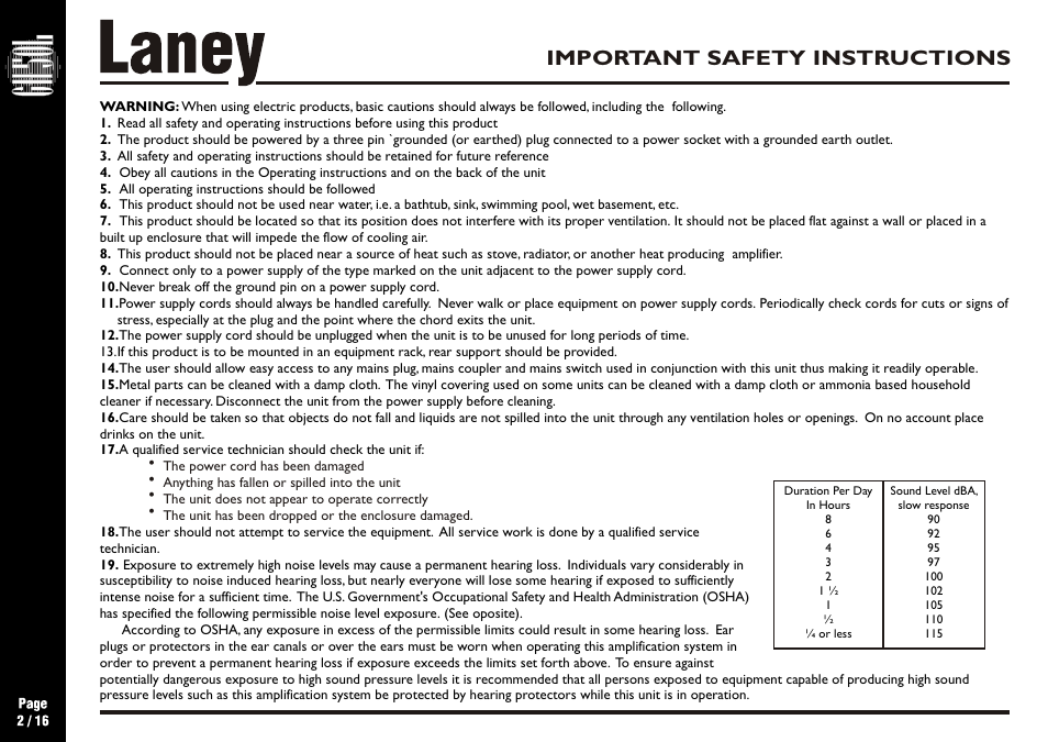 Important safety instructions | Laney GH50L User Manual | Page 2 / 16