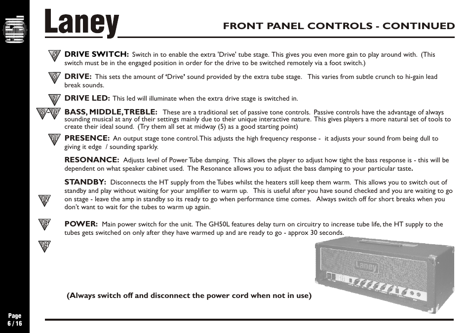 Front panel controls - continued | Laney GH50L User Manual | Page 6 / 16