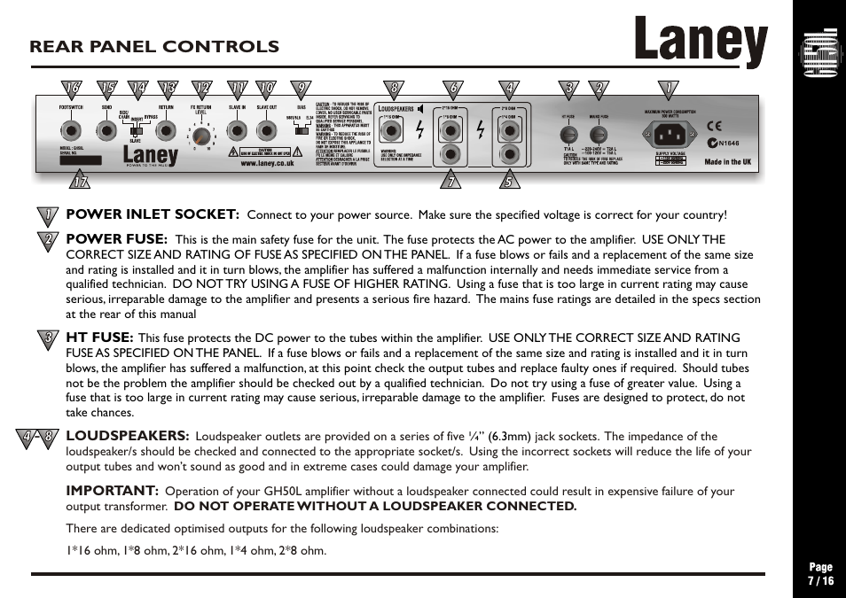 Rear panel controls | Laney GH50L User Manual | Page 7 / 16