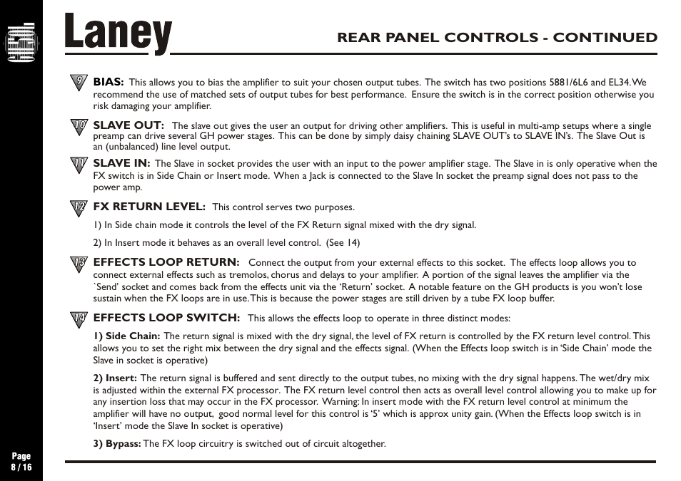 Rear panel controls - continued | Laney GH50L User Manual | Page 8 / 16