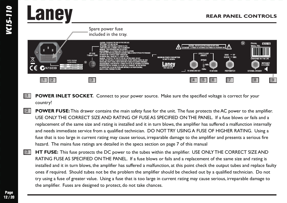 Rear panel controls | Laney VC15-110 User Manual | Page 12 / 20