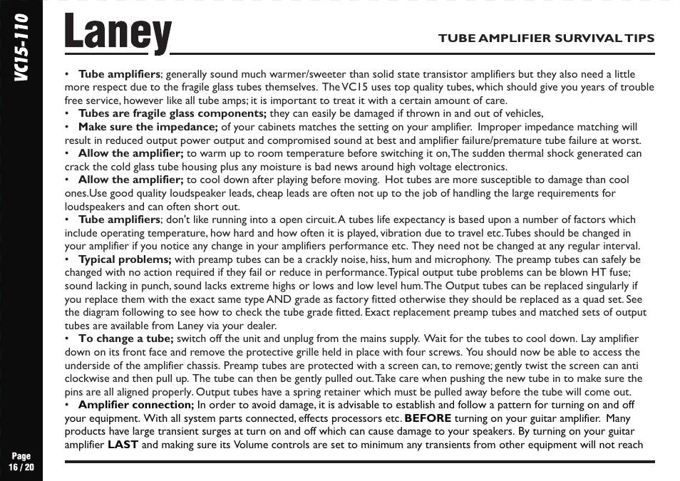 Laney VC15-110 User Manual | Page 16 / 20