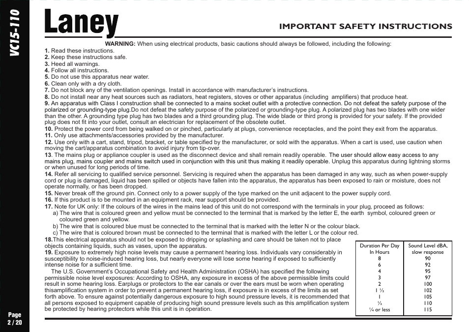 Important safety instructions | Laney VC15-110 User Manual | Page 2 / 20