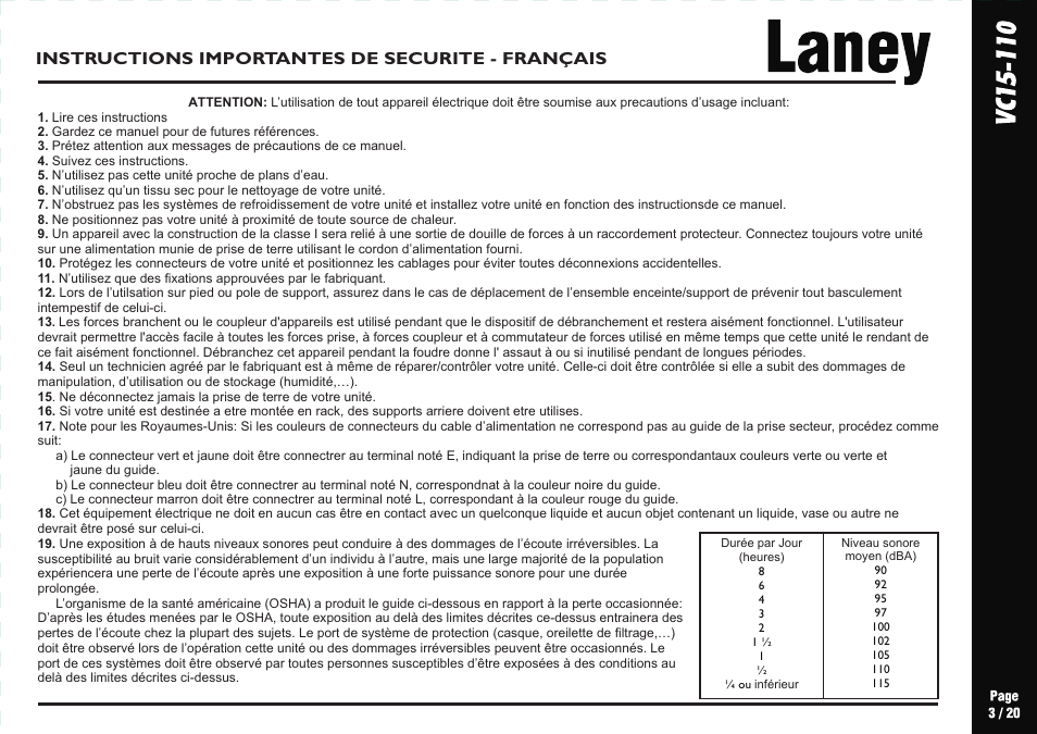 Instructions importantes de securite - français | Laney VC15-110 User Manual | Page 3 / 20