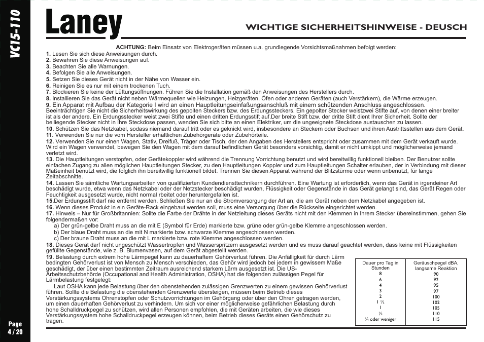 Wichtige sicherheitshinweise - deusch | Laney VC15-110 User Manual | Page 4 / 20