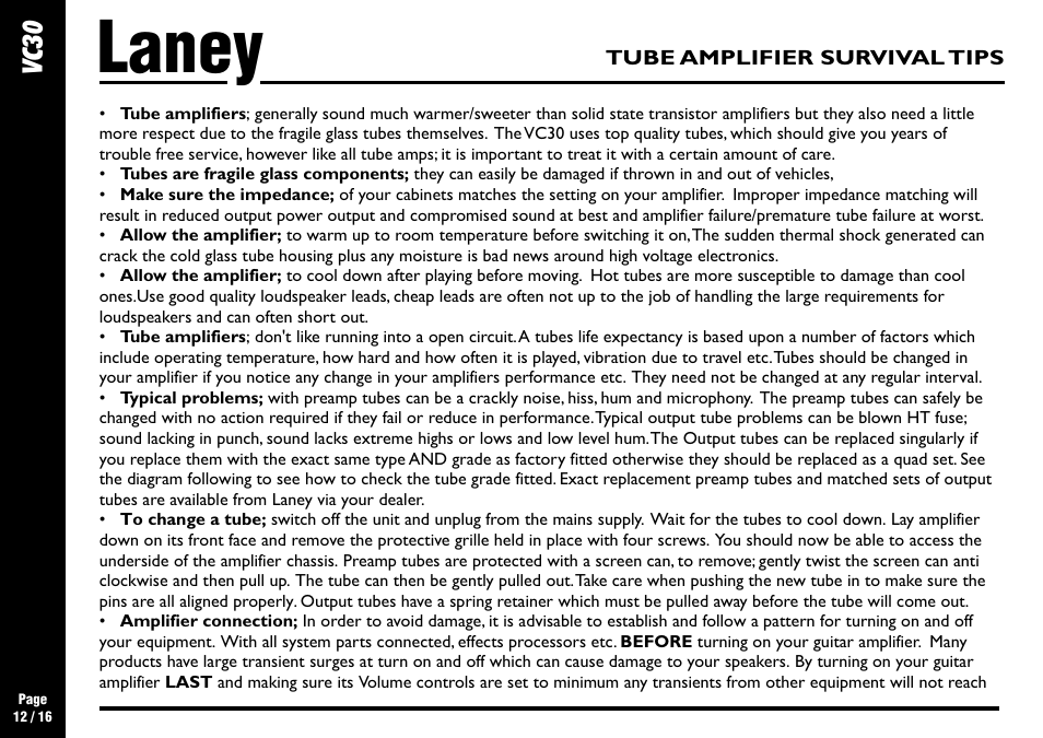 Laney, Cv 30, Vc3 0 | Tube amplifier survival tips | Laney VC30-112 User Manual | Page 12 / 16