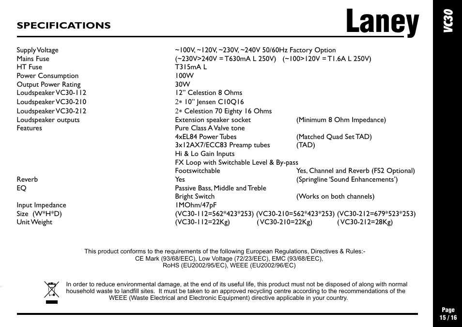 Laney, Cv 30 | Laney VC30-112 User Manual | Page 15 / 16