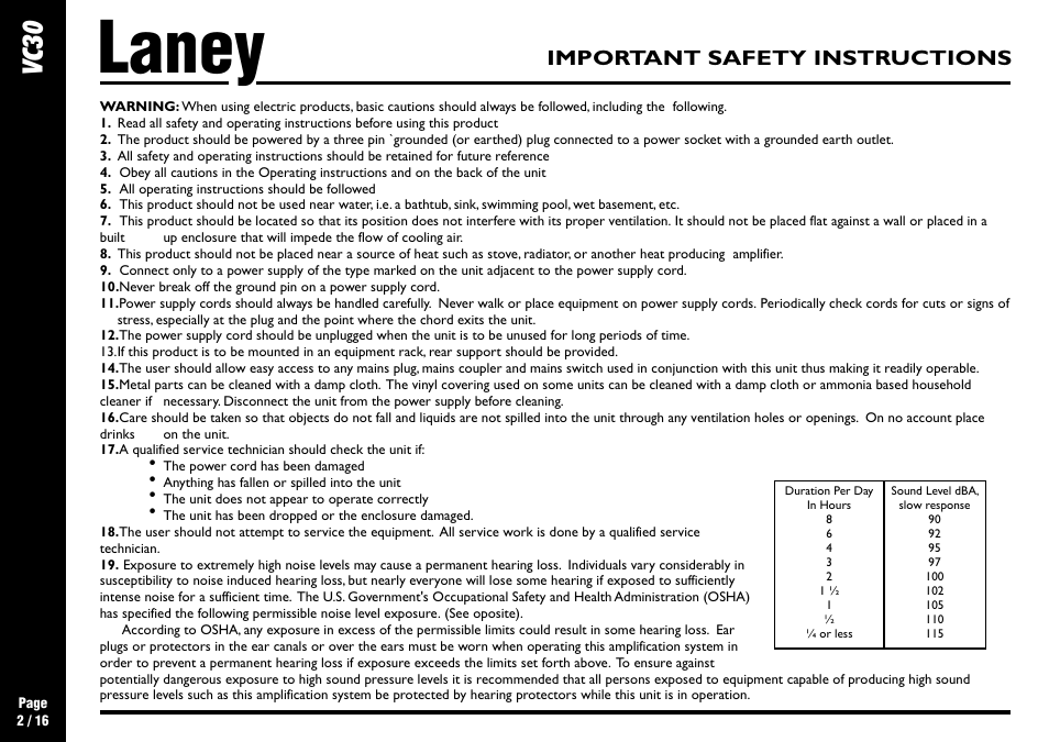 Laney, Cv 30, Vc3 0 | Important safety instructions | Laney VC30-112 User Manual | Page 2 / 16