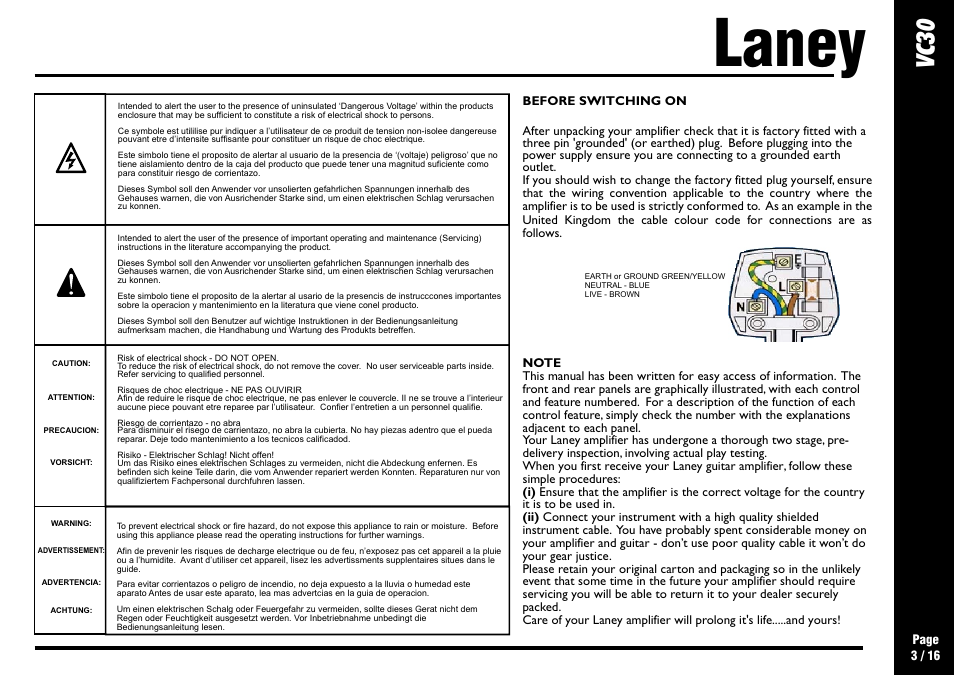 Laney, Cv 30, Important safety instructions | Laney VC30-112 User Manual | Page 3 / 16