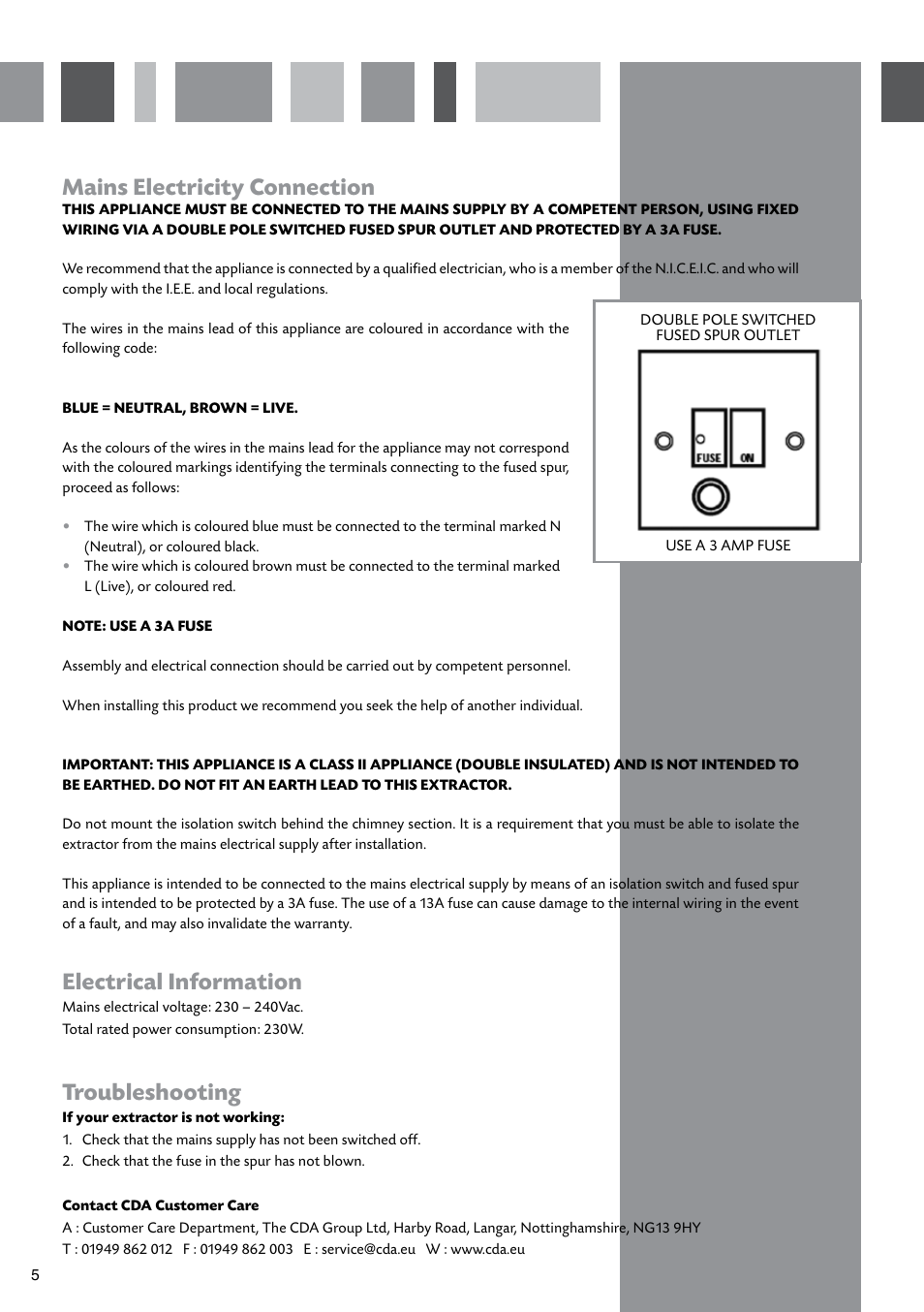 Mains electricity connection, Electrical information, Troubleshooting | CDA EXTRACTORS CIGE9 User Manual | Page 6 / 12