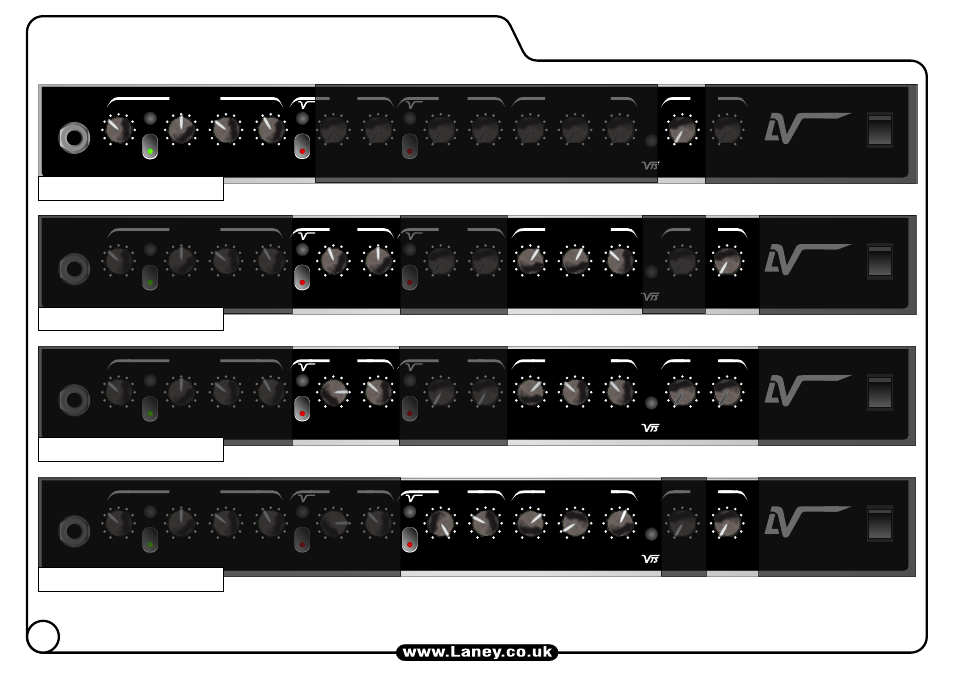 Clean settings, Metal settings blues settings rock settings, Tube | Fusion, On in, On in on in on in | Laney LV200 User Manual | Page 14 / 16