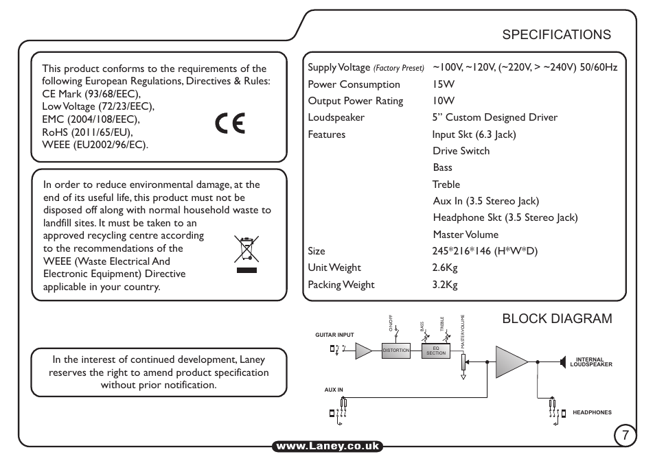 Specifications block diagram | Laney LX10 User Manual | Page 7 / 8