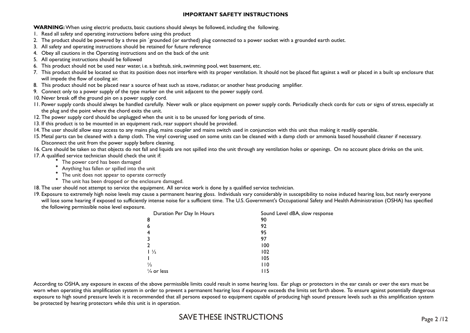 Save these instructions | Laney LX12 User Manual | Page 2 / 12