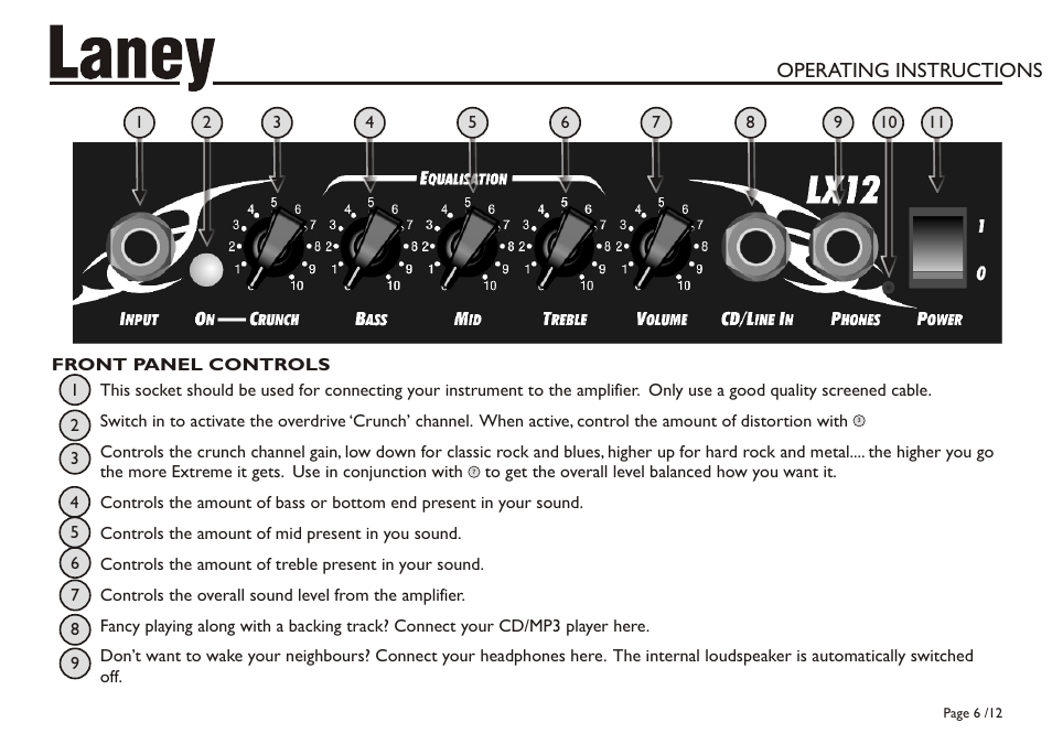 Operating instructions | Laney LX12 User Manual | Page 6 / 12