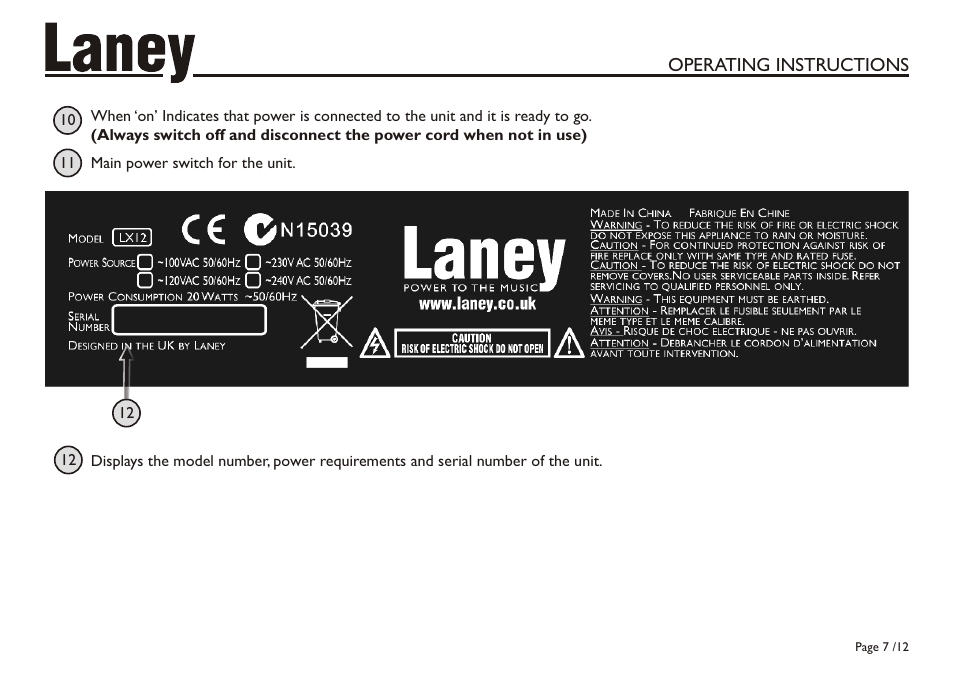 Operating instructions | Laney LX12 User Manual | Page 7 / 12