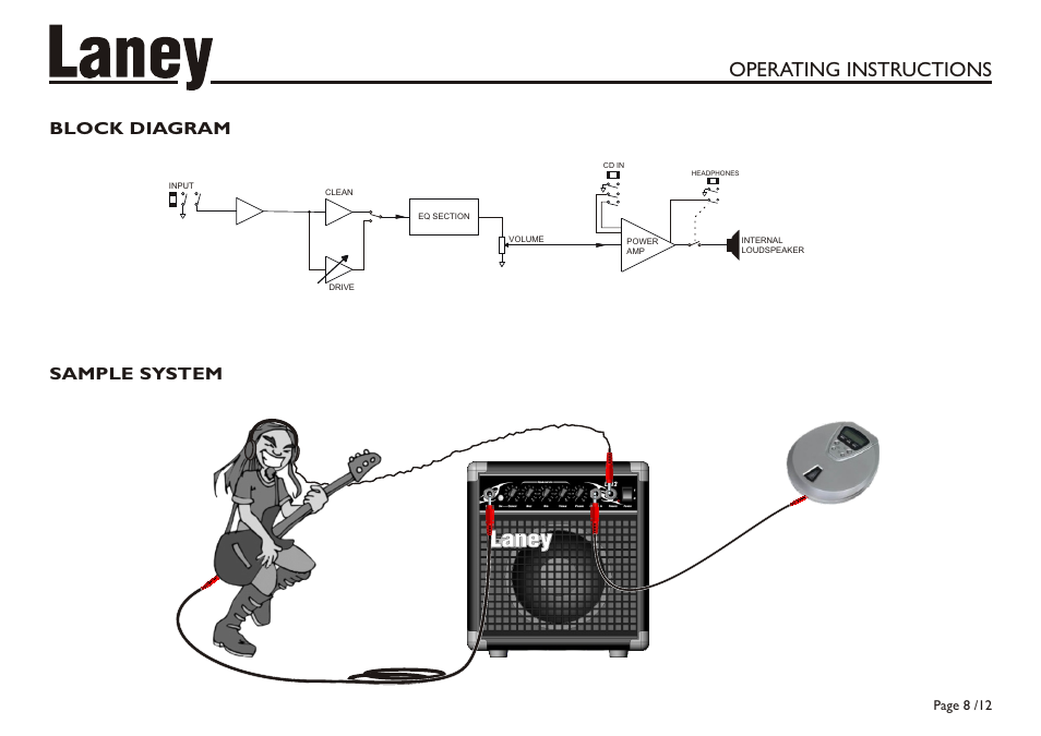 Operating instructions, Sample system block diagram | Laney LX12 User Manual | Page 8 / 12