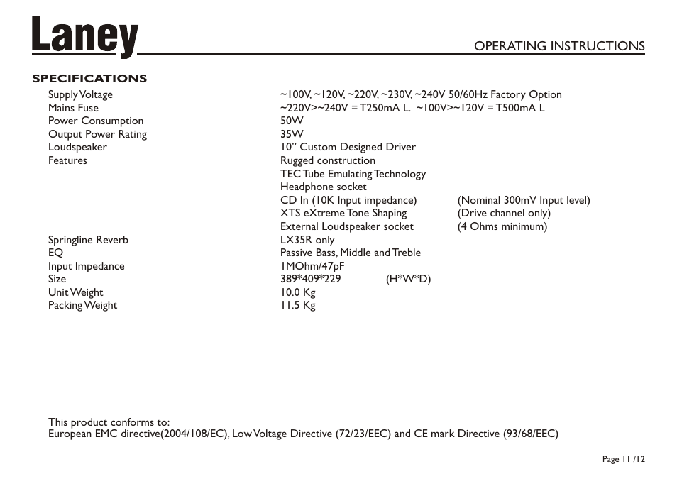 Operating instructions | Laney LX35 User Manual | Page 11 / 12