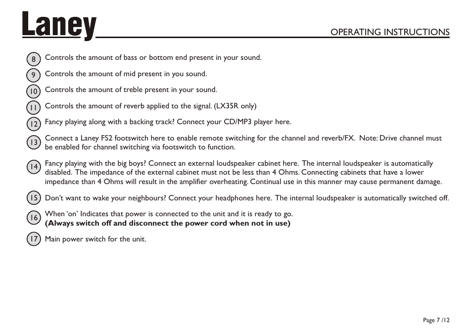 Operating instructions | Laney LX35 User Manual | Page 7 / 12