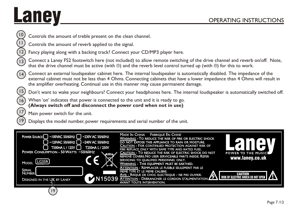 Operating instructions | Laney LG35R User Manual | Page 7 / 12