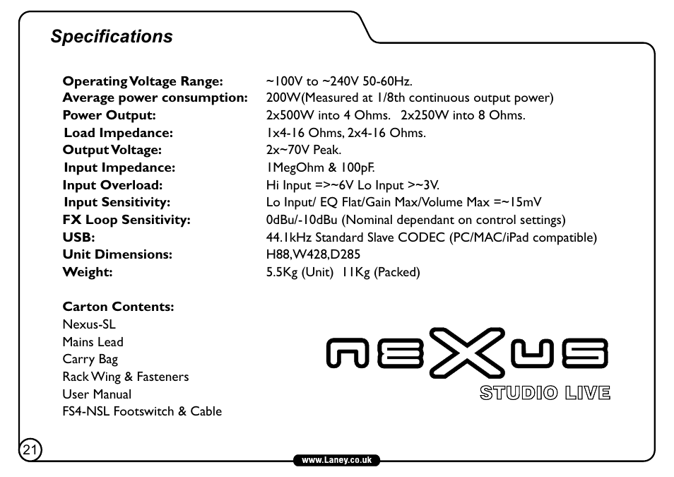 Studio live, Specifications | Laney NEXUS-SL User Manual | Page 22 / 24