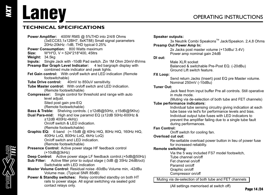 Laney, Nx t, Operating instructions | Laney NEXUS-TUBE User Manual | Page 14 / 24