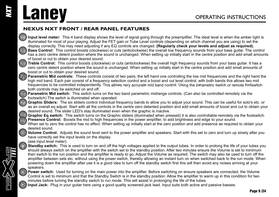 Laney, Nx t, Operating instructions | Laney NEXUS-TUBE User Manual | Page 9 / 24
