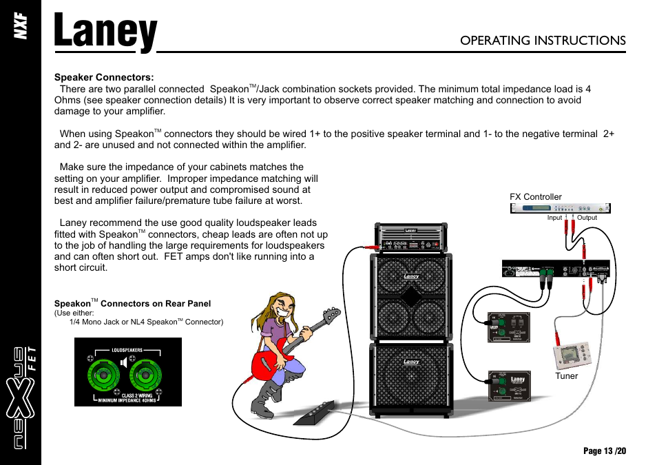 Laney, Xf n, Operating instructions | Et f, Speaker connectors, Page 13 /20, Tuner fx controller, Speakon connectors on rear panel | Laney NEXUS-FET User Manual | Page 13 / 20
