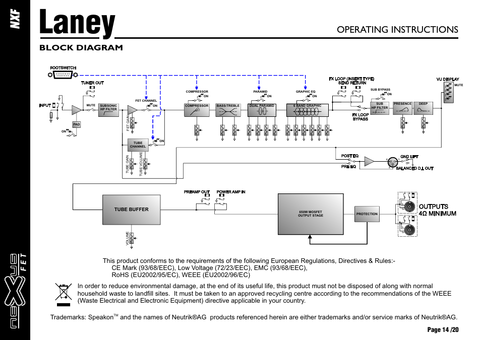 Laney, Xf n, Operating instructions | Block diagram, Et f | Laney NEXUS-FET User Manual | Page 14 / 20