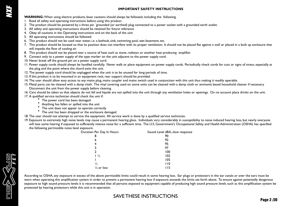 Xf n, Save these instructions | Laney NEXUS-FET User Manual | Page 2 / 20