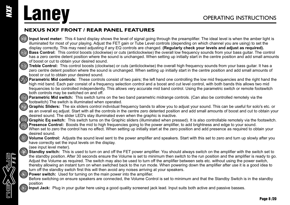 Laney, Xf n, Operating instructions | Laney NEXUS-FET User Manual | Page 8 / 20