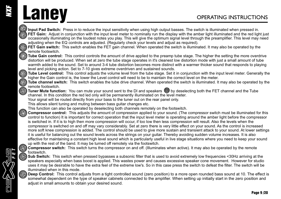 Laney, Xf n, Operating instructions | Laney NEXUS-FET User Manual | Page 9 / 20